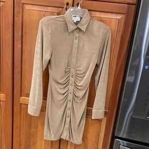 Tan Ruched Button-Up Dress